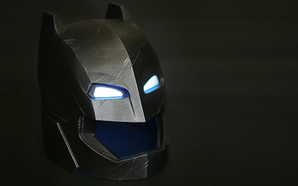 3D Printed Batman Helmet - 3/4 Front View with illuminated eyes